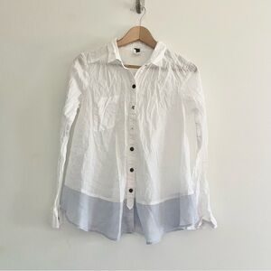 We The Free Linen Blend White Blue Button Down Blouse Swingy Top Boyfriend XS